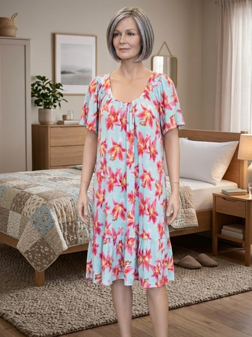 Floral Flutter Short-Sleeve Nightdress Day Dress